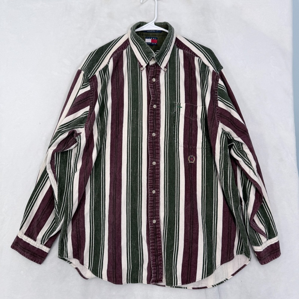 Vintage Tommy Hilfiger Corduroy Shirt Mens L Multicolor Stripe Pocket Logo
